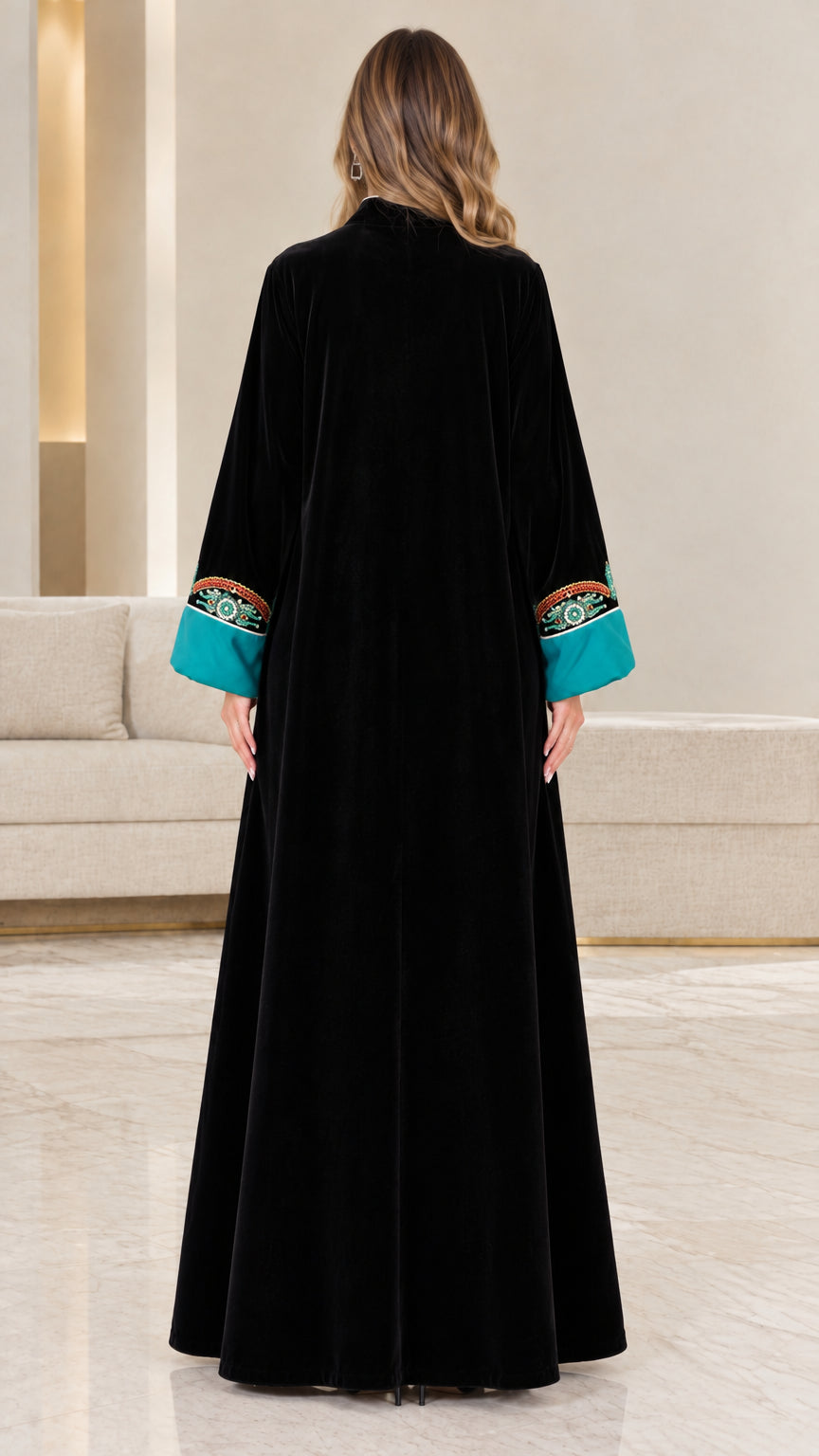 Back view of floor-length black velvet abaya