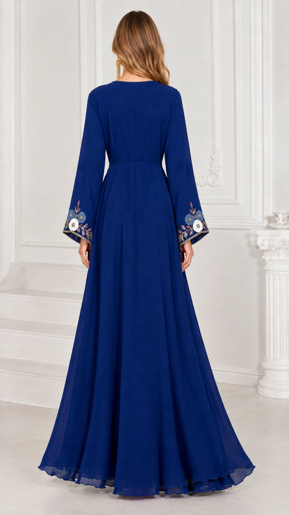 Back view of full-length royal blue long sleeve maxi kaftan gown