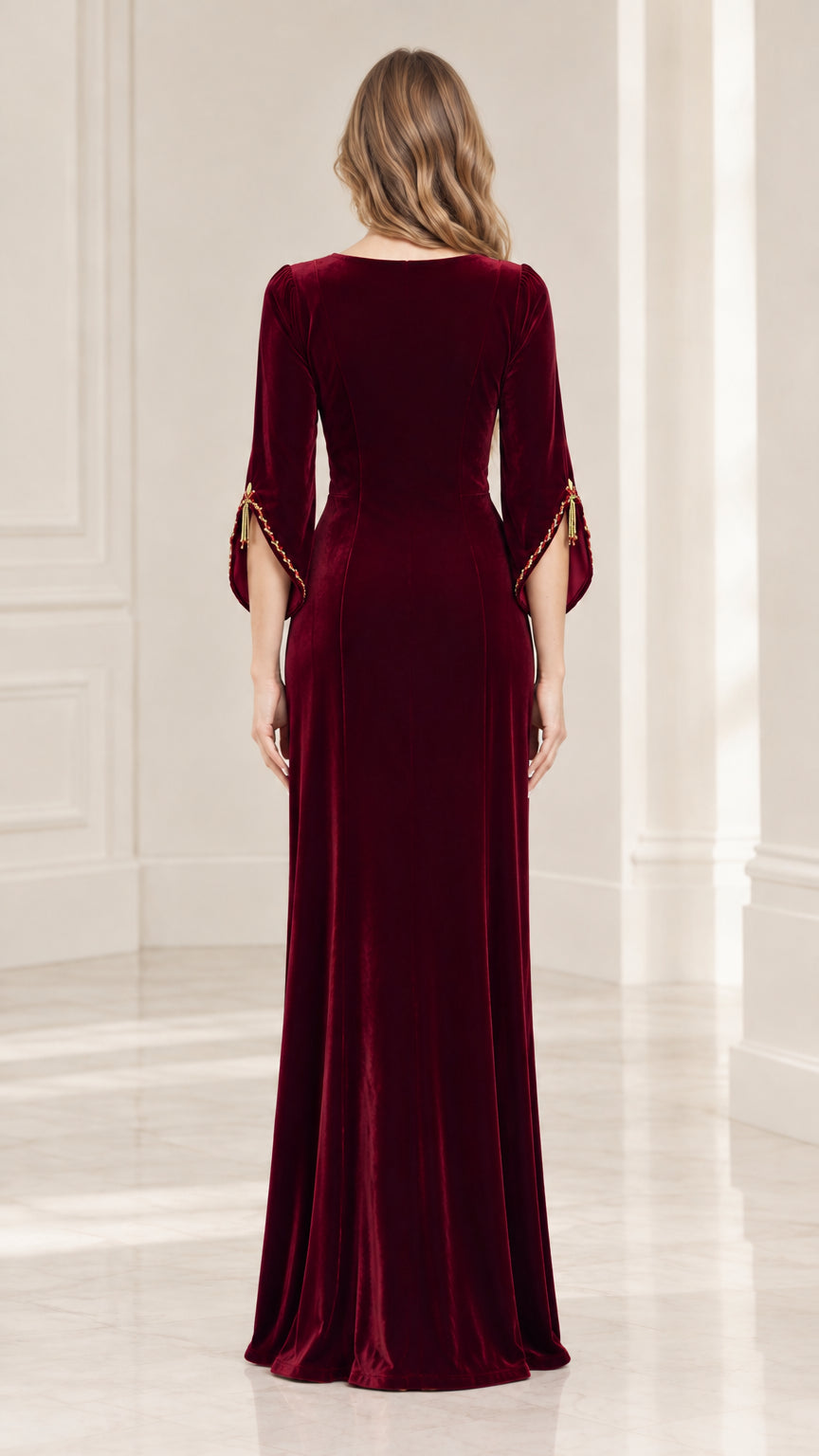 Back view of Burgundy long sleeve velvet formal maxi dress