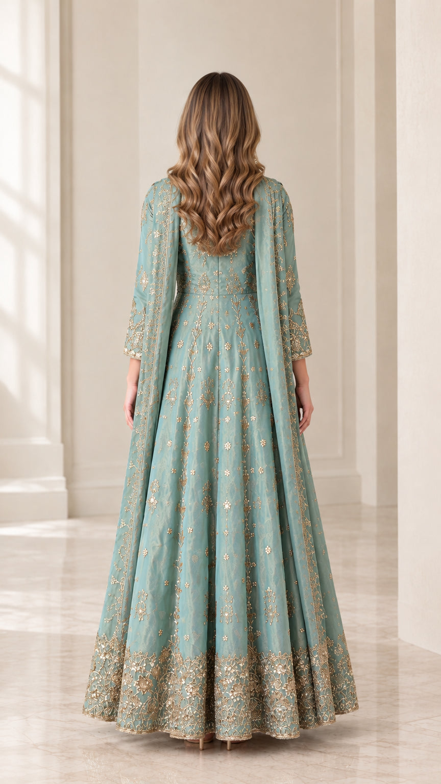 Back view of woman showcasing the flow and drape of sage green embroidered gown