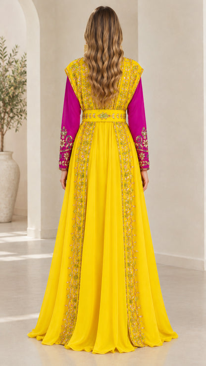 Back view of yellow embroidered caftan dress with matching embellished belt