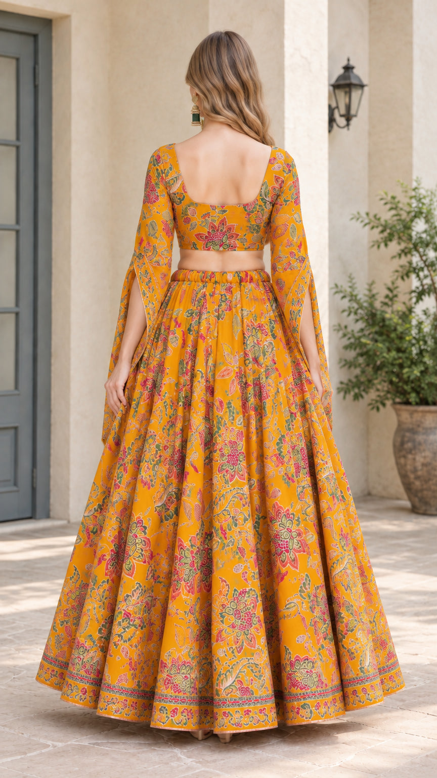 Back view of model wearing Mustard Yellow floral crop top and skirt set showing low square back