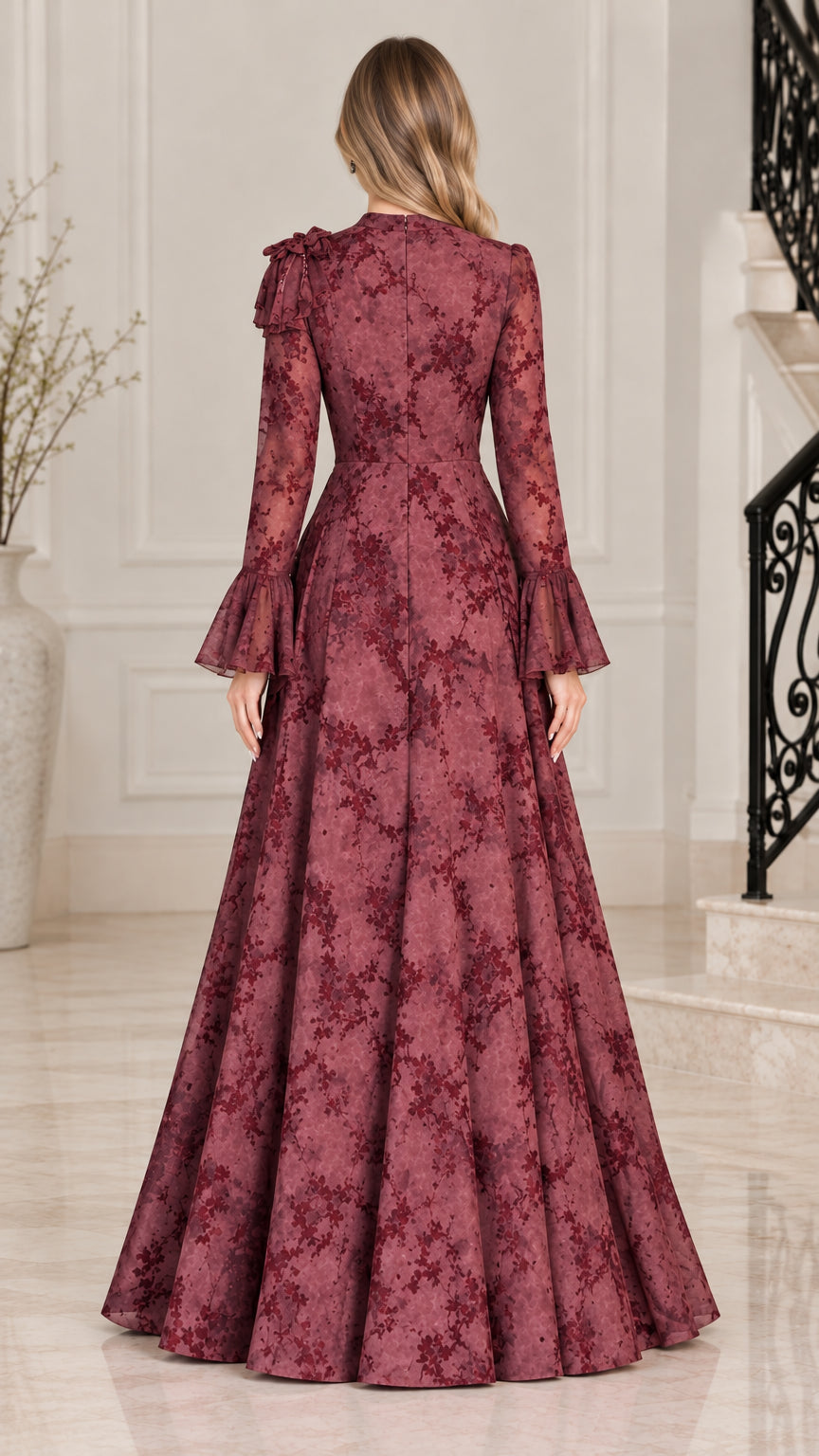 Burgundy floral jacquard formal gown back view