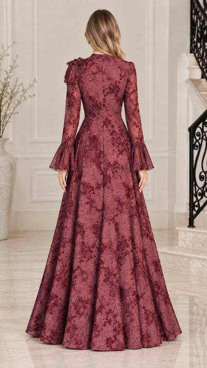 Burgundy floral jacquard formal gown back view