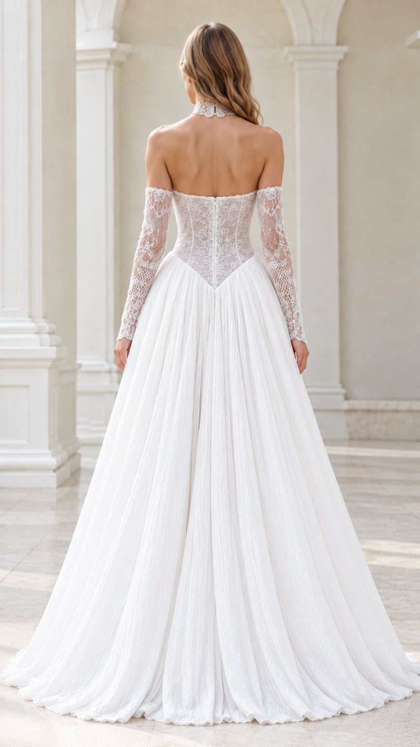 White halter formal dress back view showing open back and lace bodice