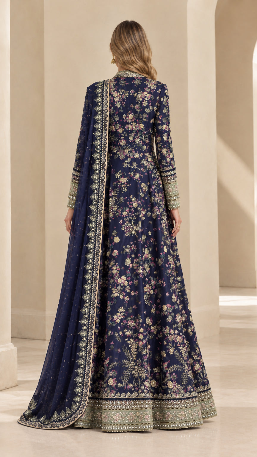 Back view of navy blue floor-length embroidered formal gown with dupatta drape