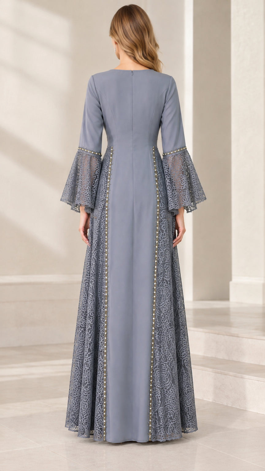 Back view of the dusty blue maxi dress displaying clean lines and lace details