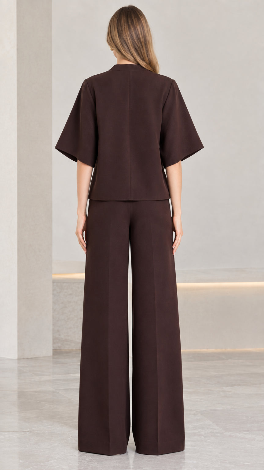 Back view of chocolate brown matching top and wide-leg pants set
