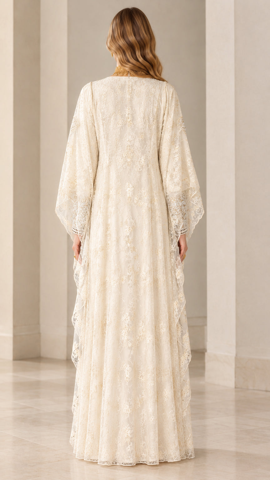 Back view of women's ivory floral lace kaftan maxi dress