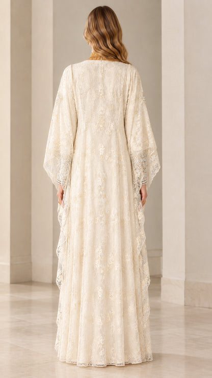 Back view of women's ivory floral lace kaftan maxi dress