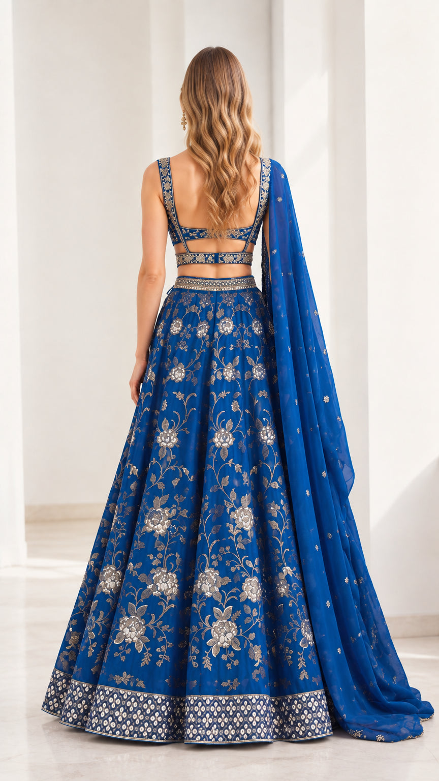 Back view of royal blue embroidered lehenga set showing back choli strap detail