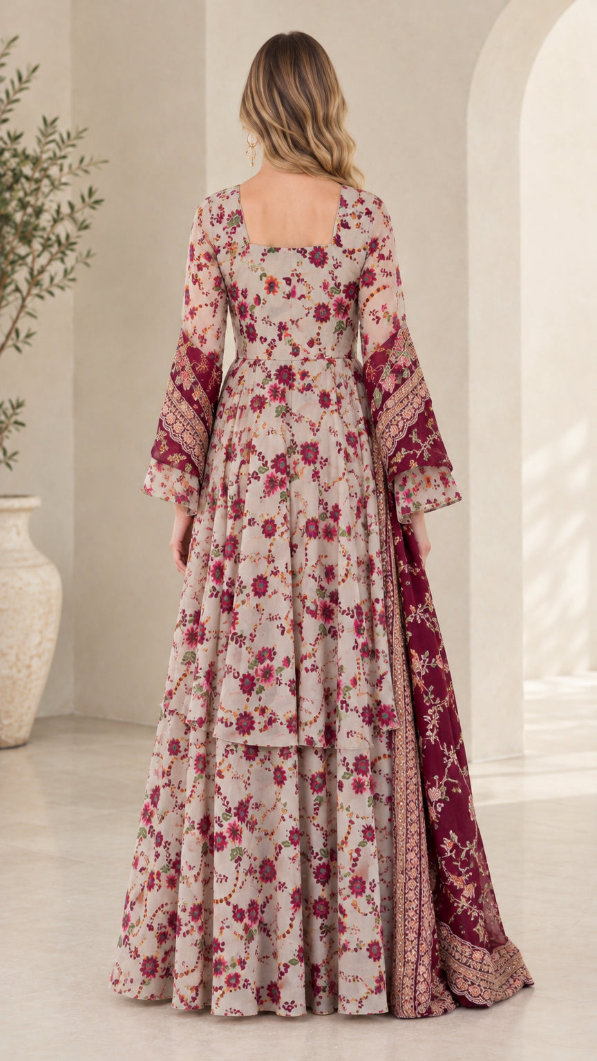 Back view of floral tiered maxi dress showing delicate back neckline and drape