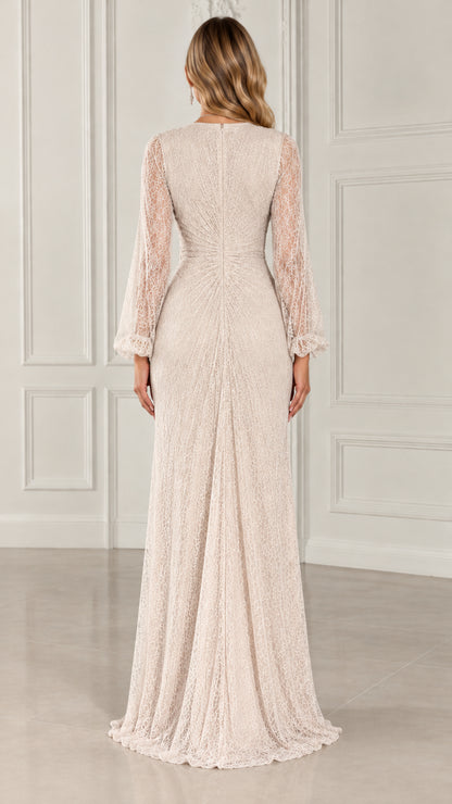 Back view of Champagne formal lace gown showing smooth tailored fit