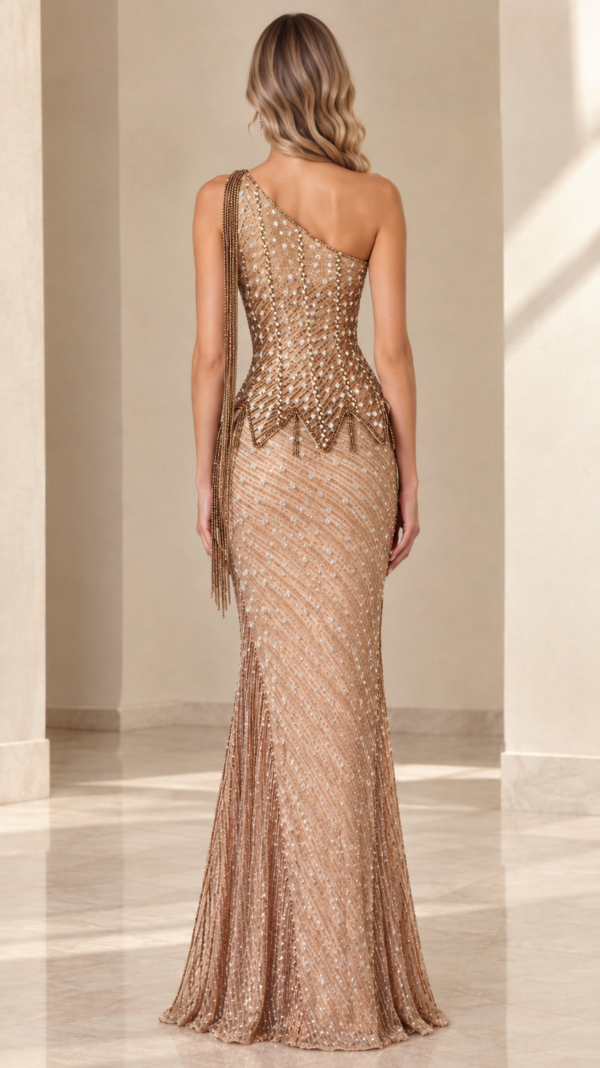 Back view of model wearing Champagne one-shoulder beaded formal gown