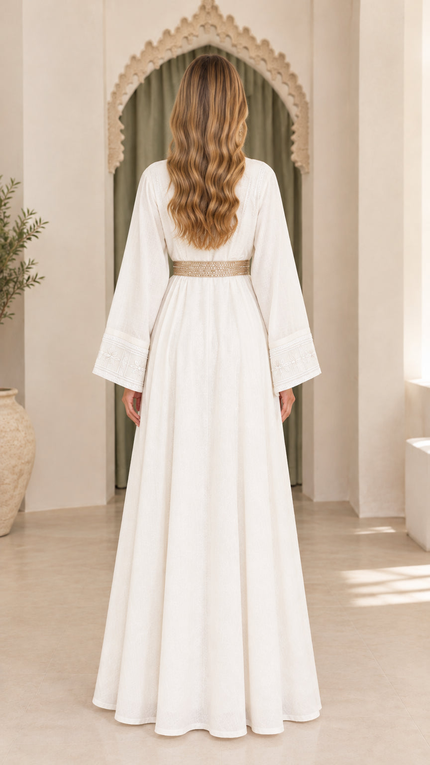 Back view of model wearing floor-length white kaftan gown with metallic belt