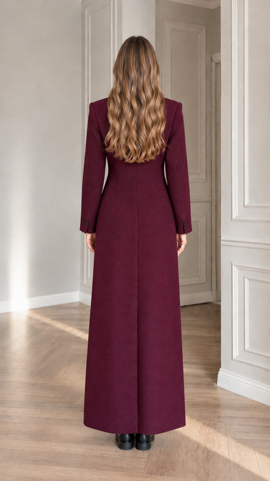 Back view of woman wearing fitted burgundy maxi coat