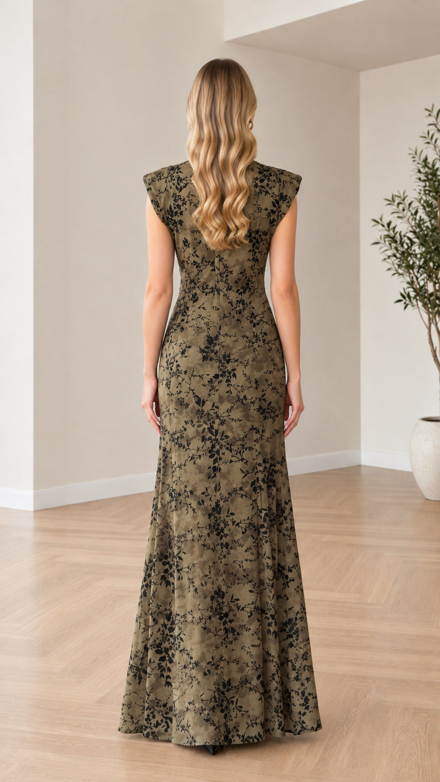 Back view of woman wearing olive green high neck floral maxi dress