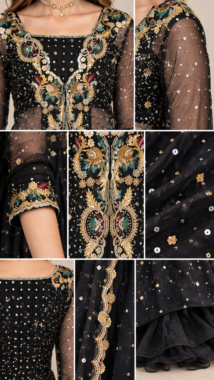 Close-up details of intricate floral embroidery and sequin craftsmanship