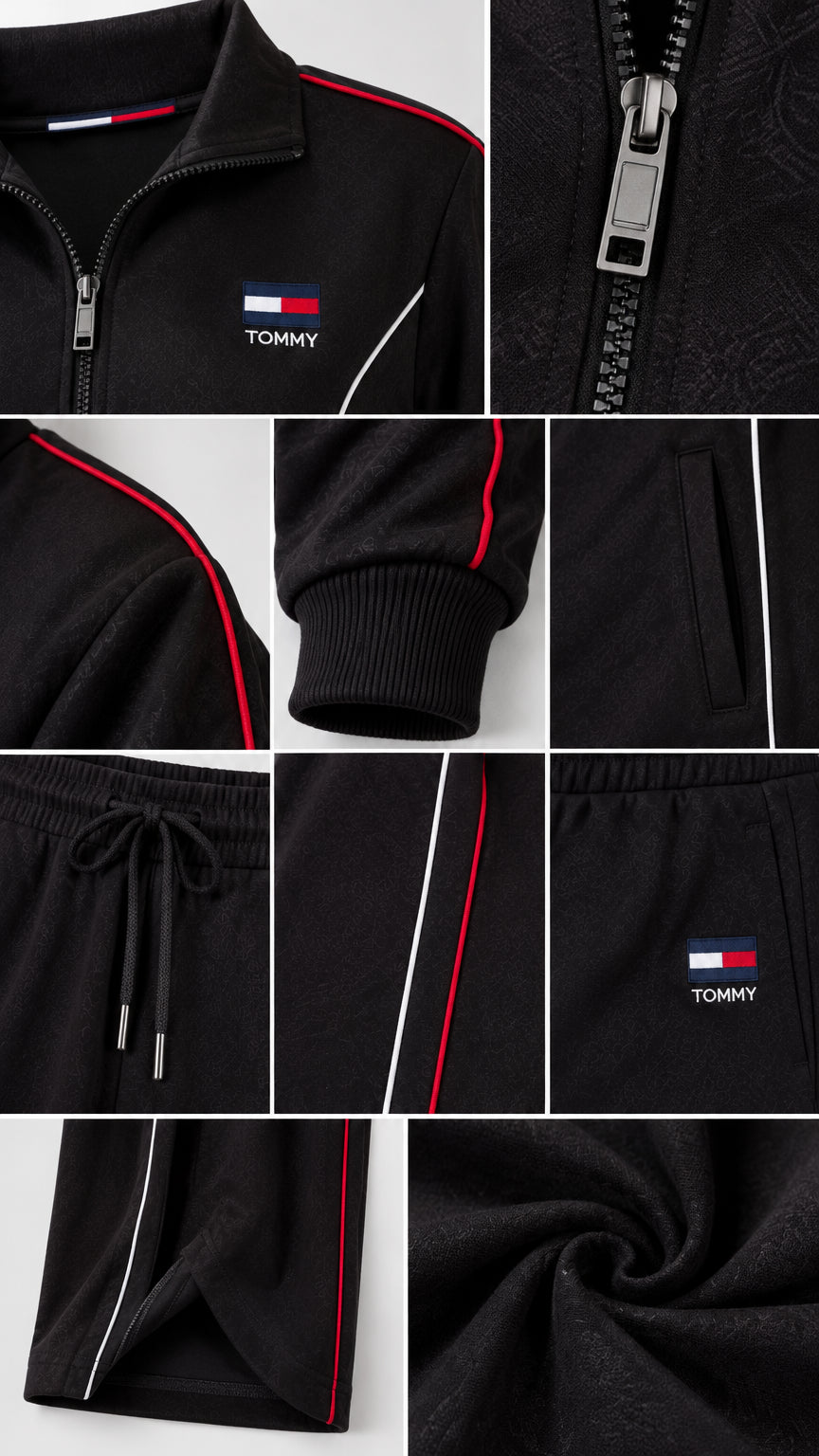 Detailed close-up view of the jacket zipper, ribbed cuffs, drawstring waistband, and soft knit fabric texture