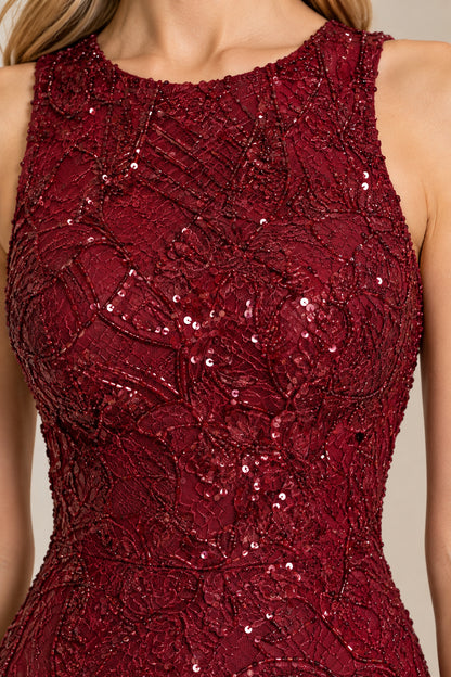 Close-up detail of burgundy sequin and lace embroidery and high jewel neckline