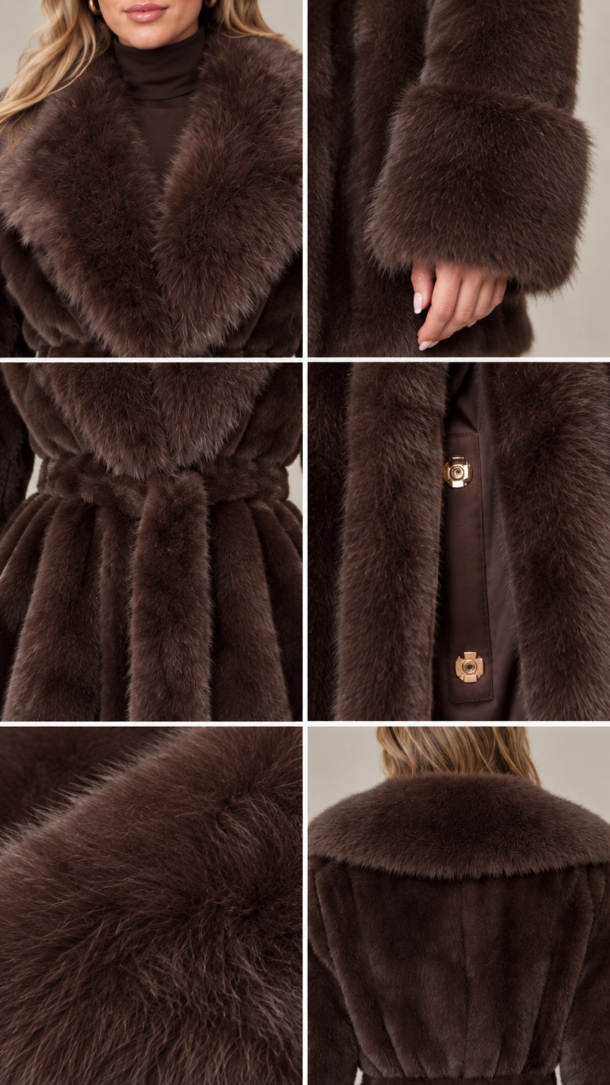 Detailed close-ups of chocolate brown coat collar, sleeve cuff, belt, and closures