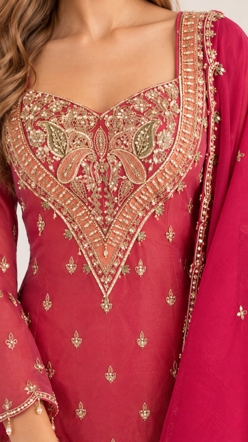 Close-up detail of ornate gold and bead embroidery on bodice and neckline
