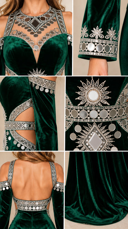 Close-up details of neckline embroidery, embellished cuffs, cutout waist, and back strap details