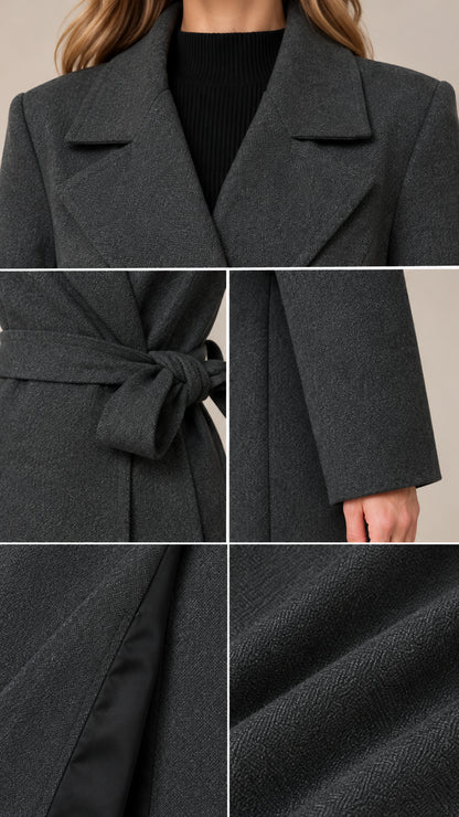 Close-up details of the collar, waist tie belt, cuff, inner lining, and textured woven fabric