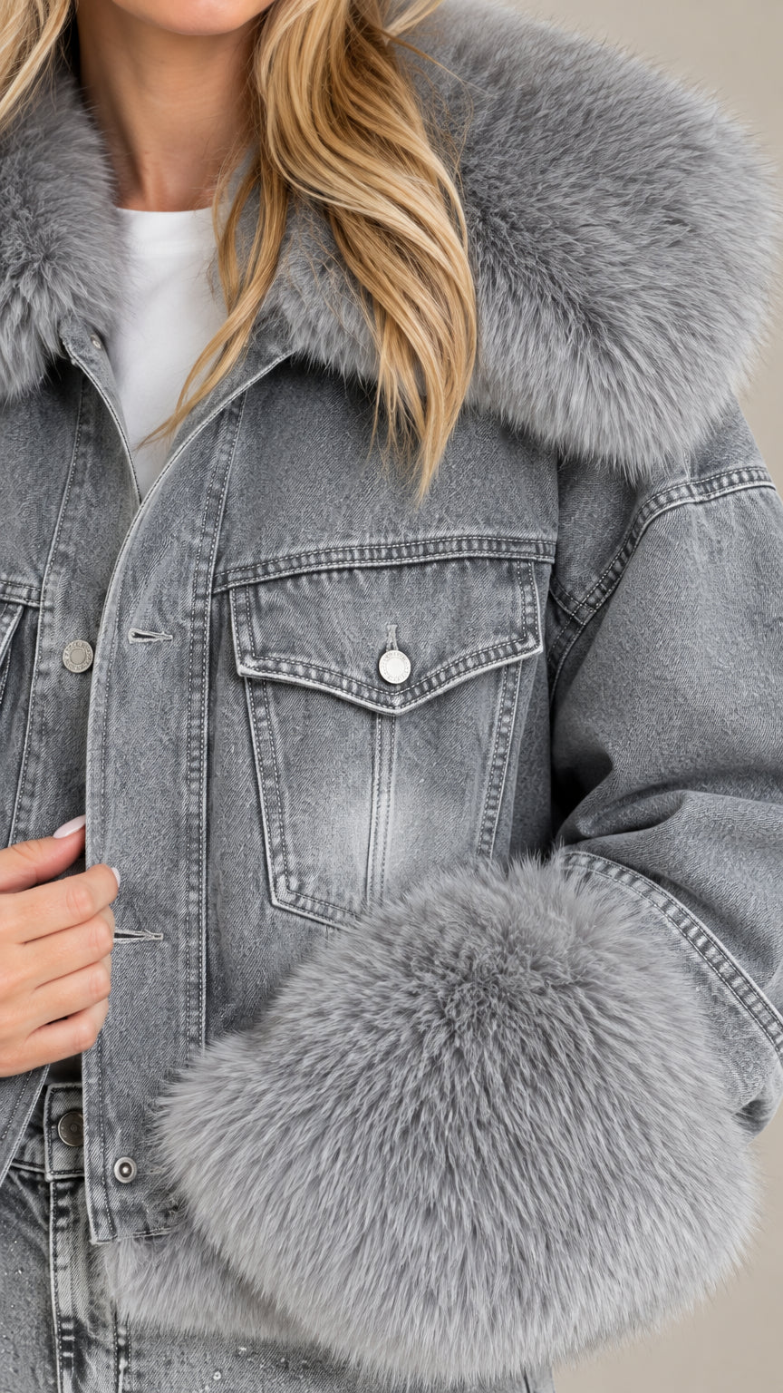 Close-up detail of grey denim texture, chest pocket, and plush faux fur collar and cuff