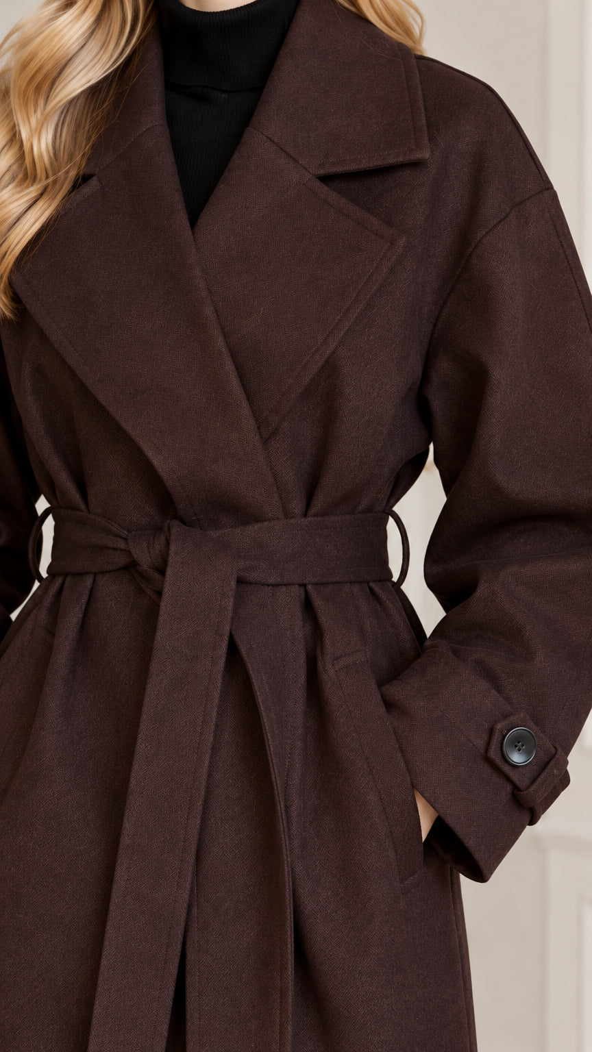 Close up of notched lapels, belt, and cuff button details on dark brown coat