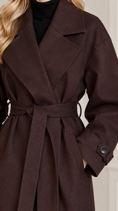 Close up of notched lapels, belt, and cuff button details on dark brown coat
