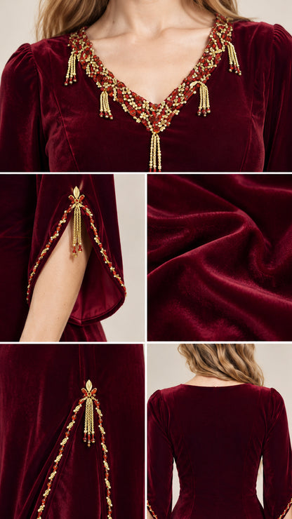 Close-up details of beaded neckline tassels, slit sleeve, and plush velvet fabric
