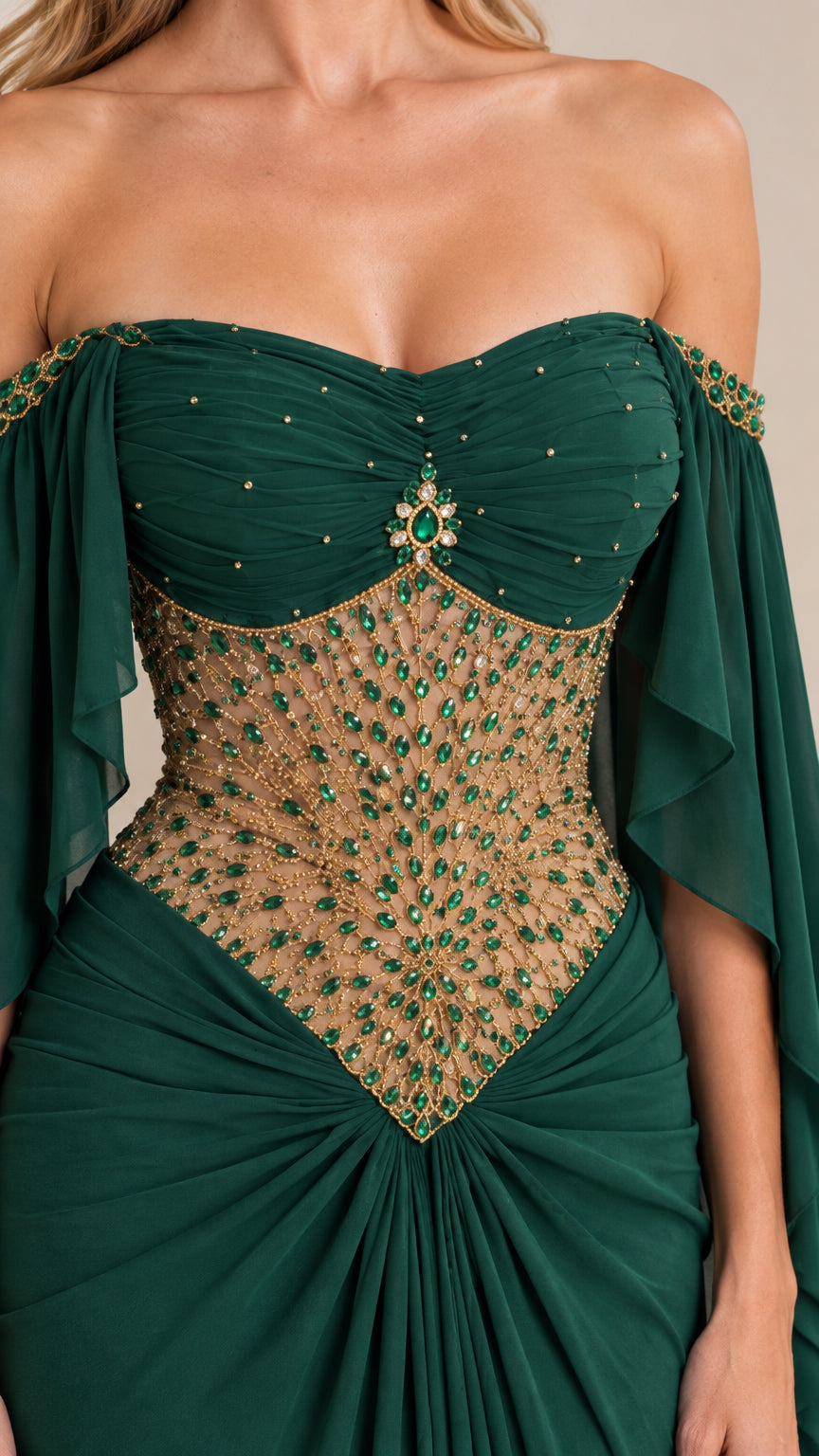 Close-up detail of emerald green sweetheart neckline and crystal embellished corset bodice