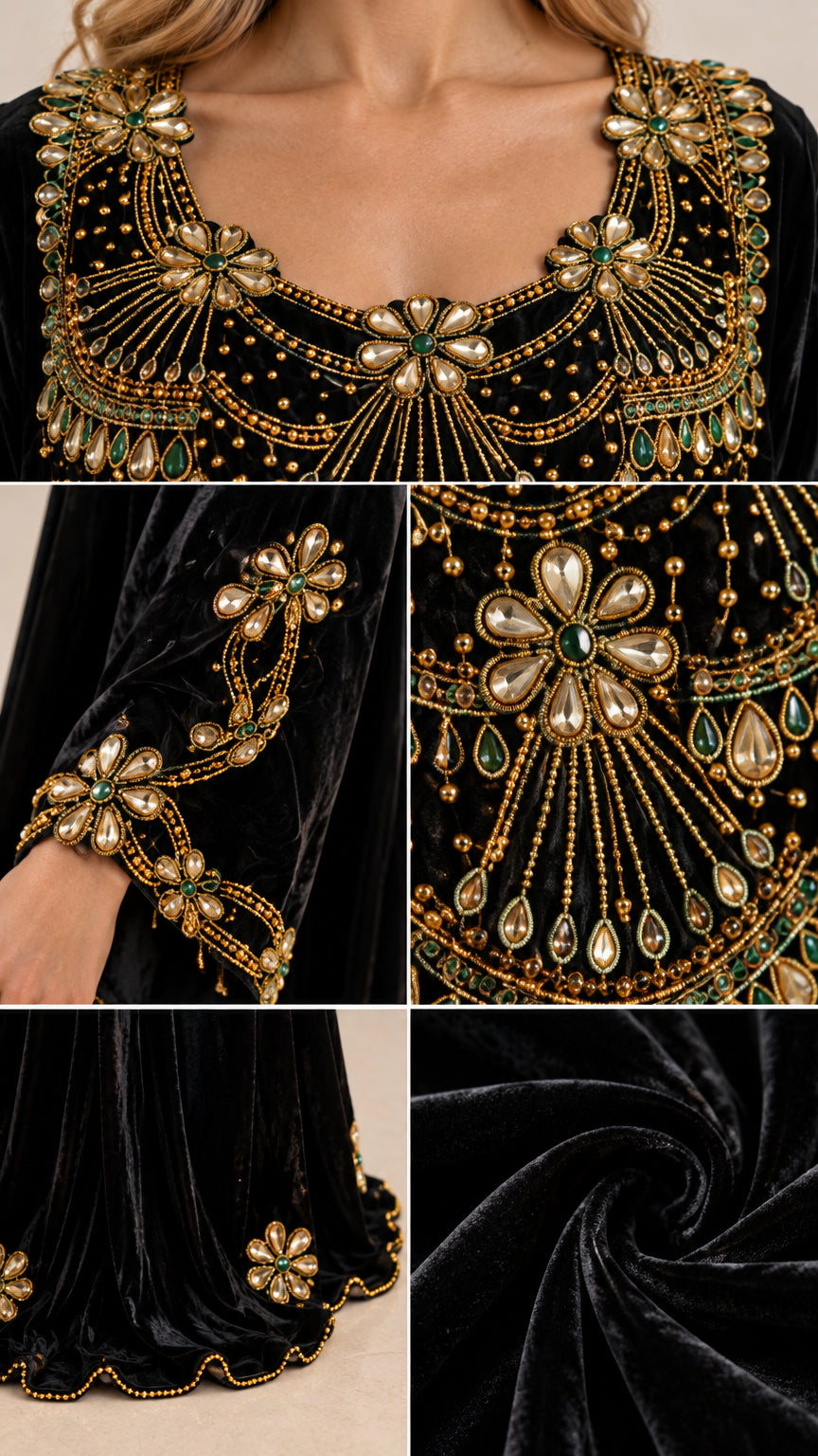 Detailed close-up collage of gold beadwork on neckline, cuff, and velvet fabric texture