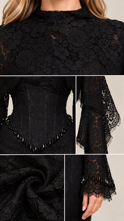 Close-up details of high neck lace, beaded corset trim, and tiered sleeves