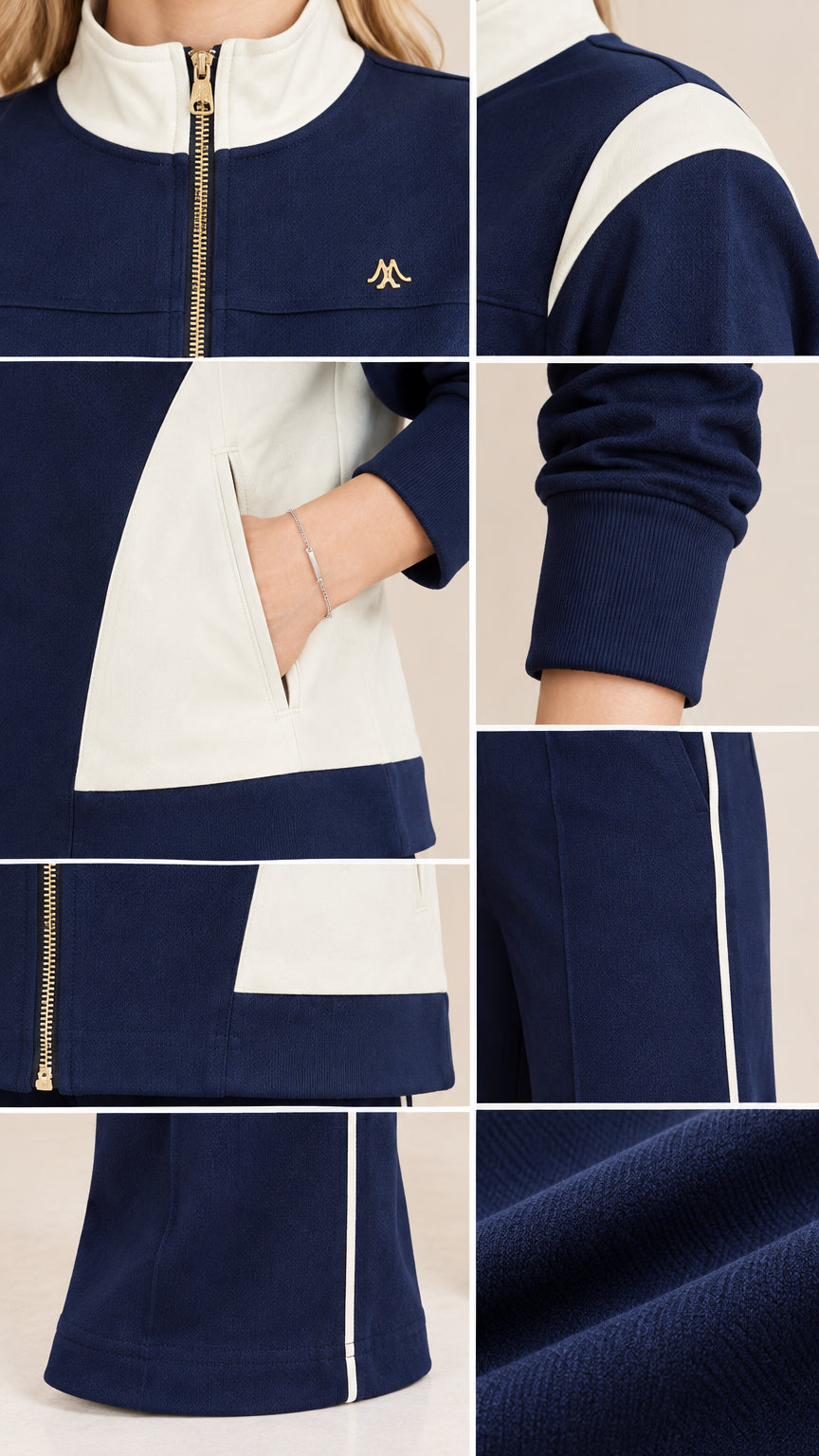 Close-up details of gold zipper, chest embroidery, pocket, cuff, and fabric texture
