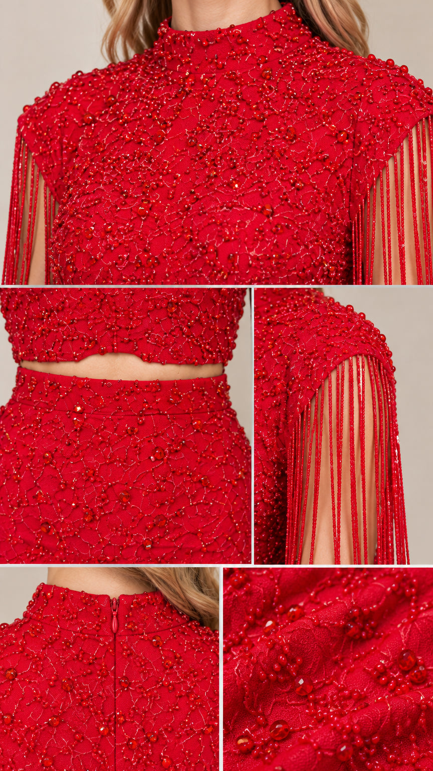 Close-up detail collage of red beadwork, neckline, zipper, and tassel fringe