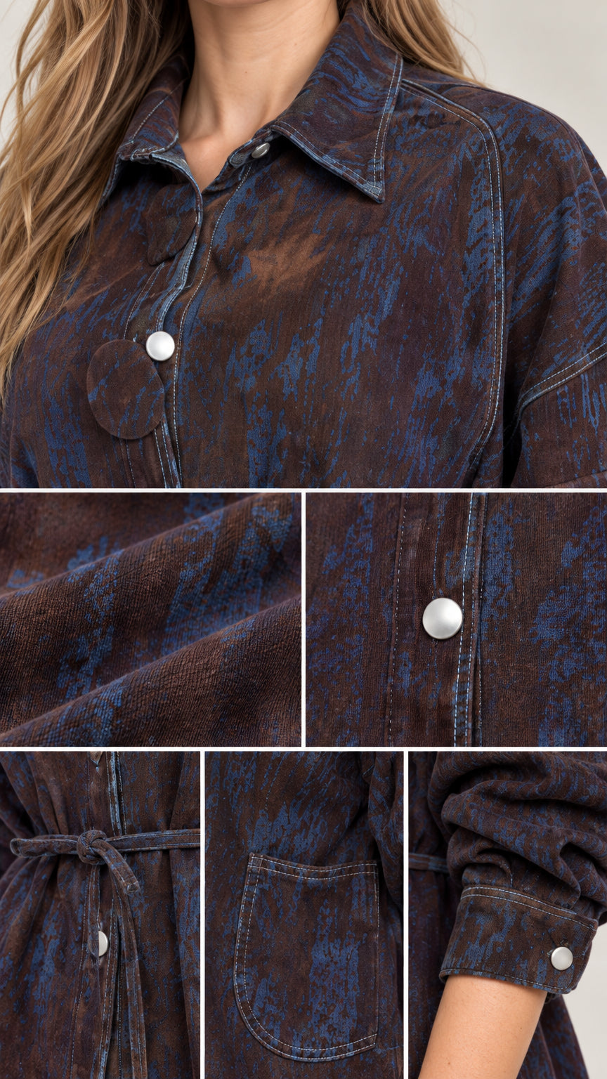 Detailed close-ups of collar, buttons, textured fabric, tie belt, and pocket