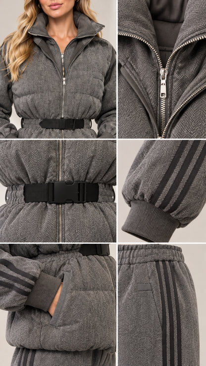Close-up details of grey quilted jacket zipper, collar, buckle belt, pocket, and side stripes