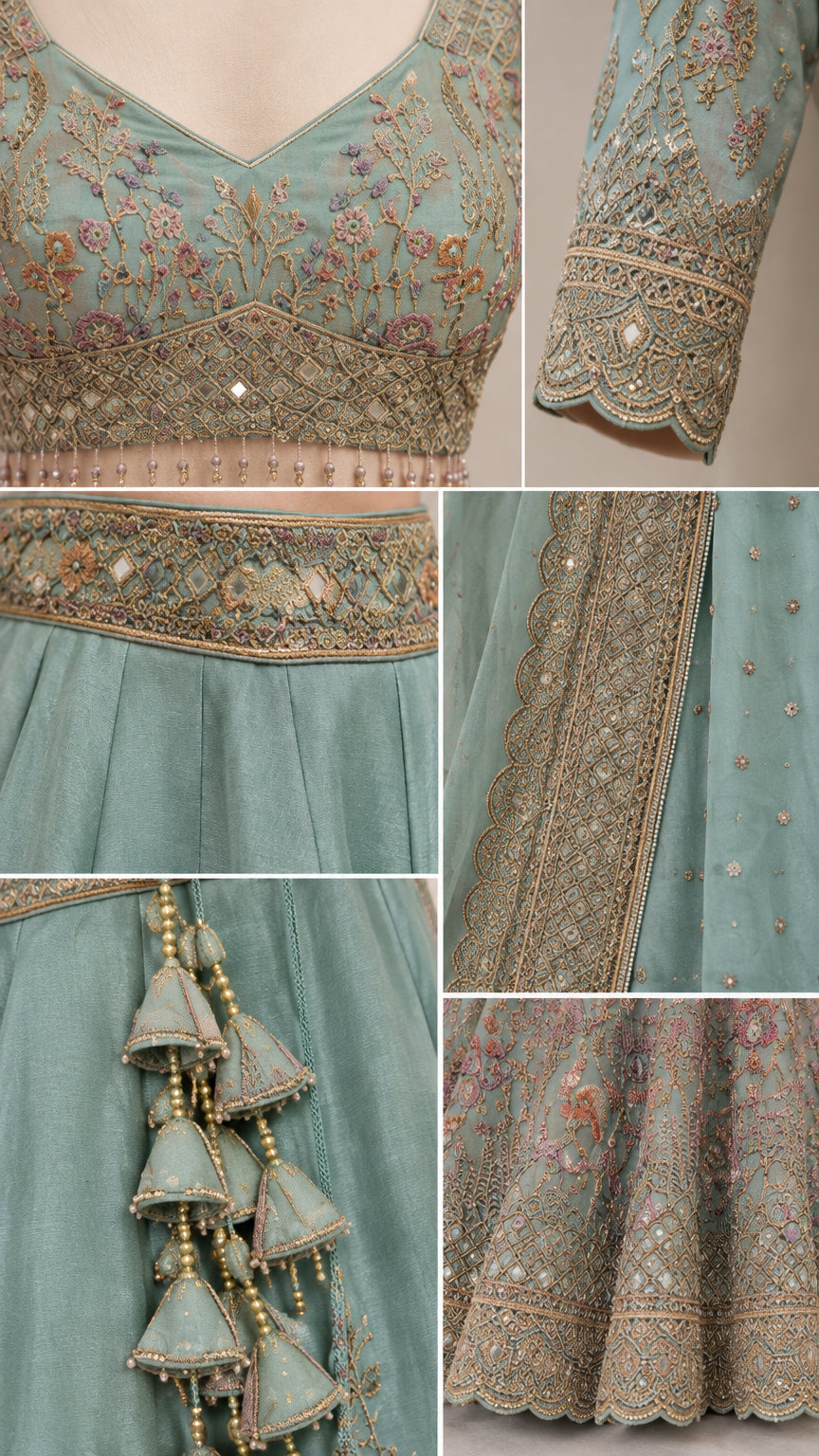 Close-up details of embroidery on neckline, sleeves, waistband, hem, and tassels