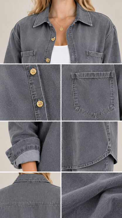 Close-up details of washed denim fabric texture, metallic buttons, chest pocket, and collar