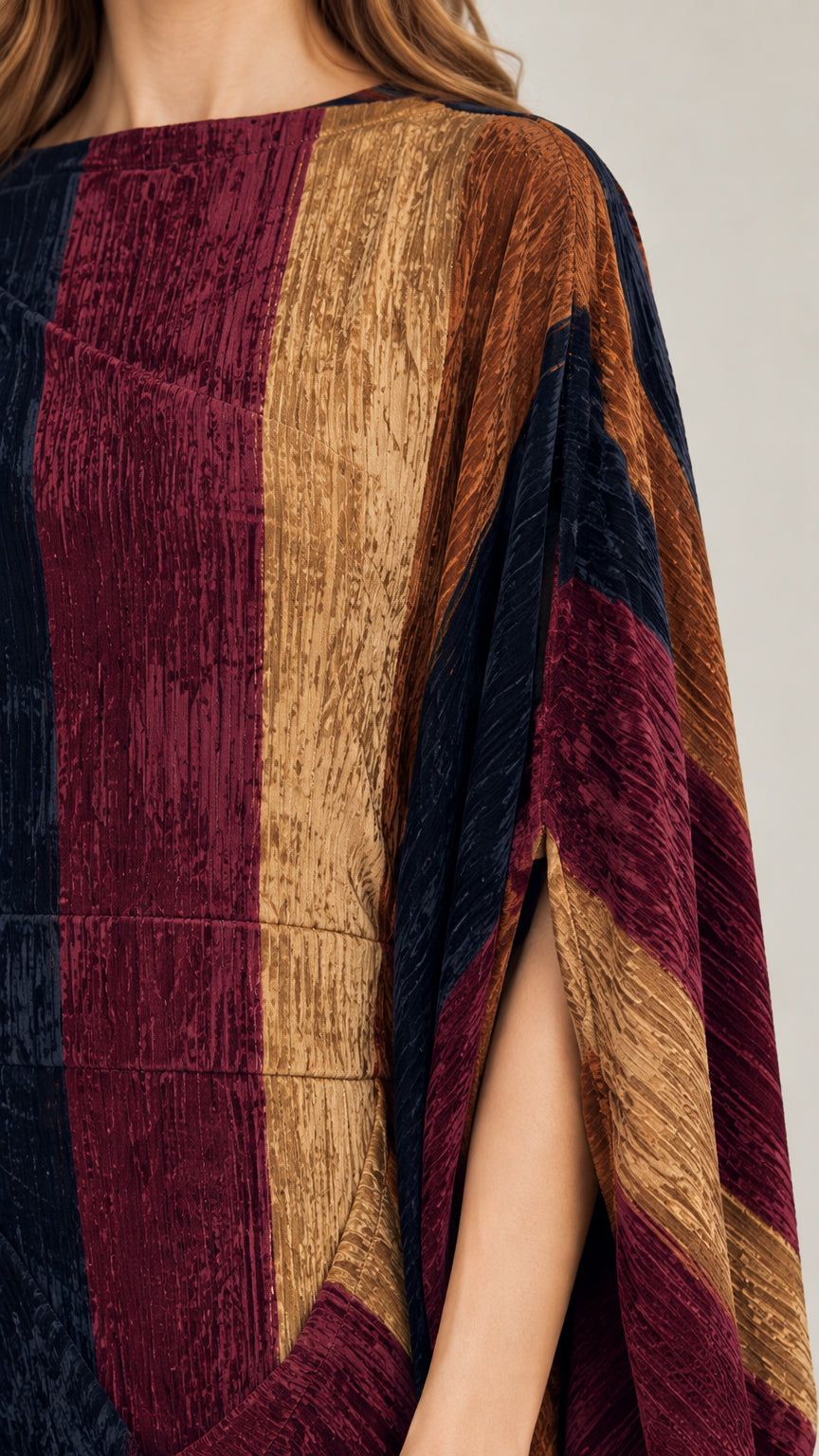 Close-up detail of textured crinkle fabric and split sleeve construction