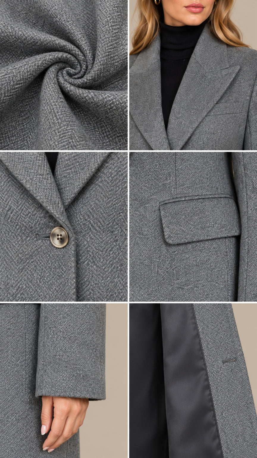Fabric and detail collage showing textured weave, lapel, button, pocket, and lining