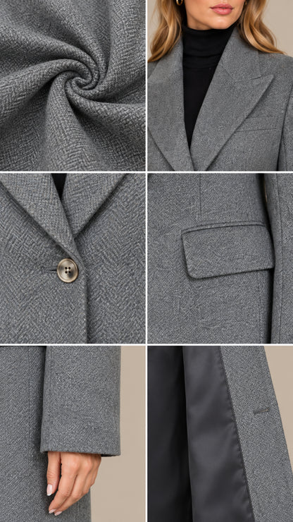 Fabric and detail collage showing textured weave, lapel, button, pocket, and lining