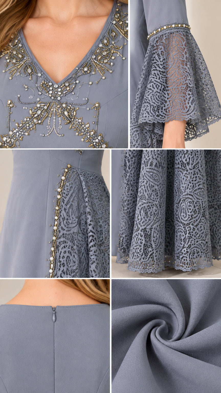 Close-up details of beaded neckline, lace bell cuffs, side beading, and back zipper