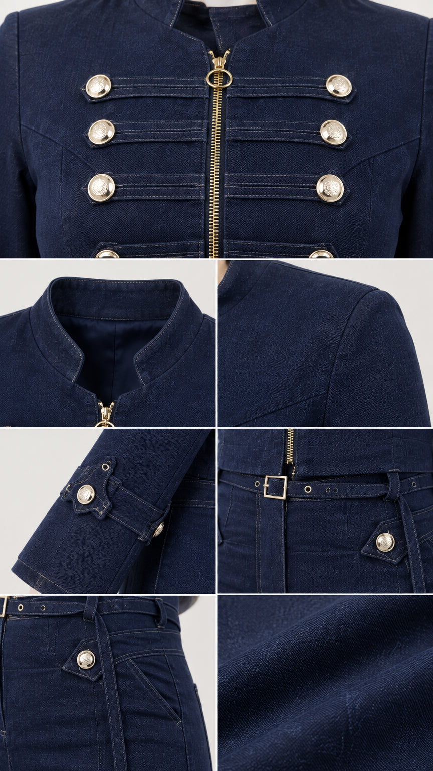 Close-up details of metallic buttons, zip collar, sleeve cuff, and belt buckle