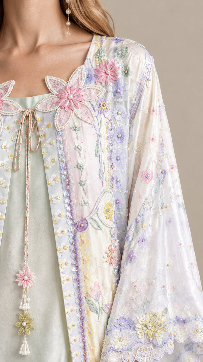Close-up detail of floral embroidery, applique, and tassel tie closure
