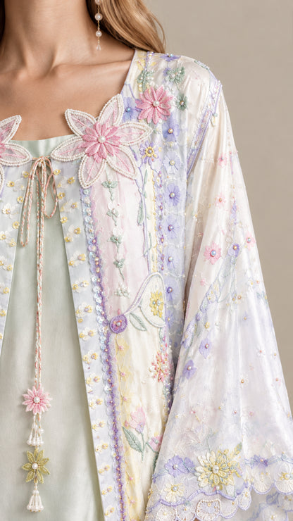 Close-up detail of floral embroidery, applique, and tassel tie closure