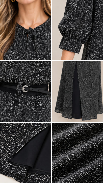 Close-up details of neckline tie, sleeve cuff, belt buckle, and fabric texture