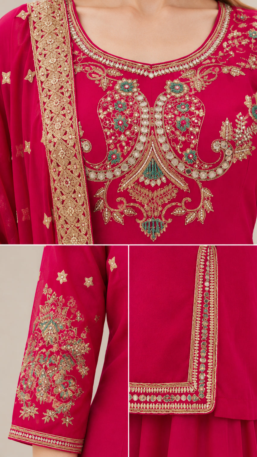 Close-up details of intricate neckline and sleeve embroidery on fuchsia fabric